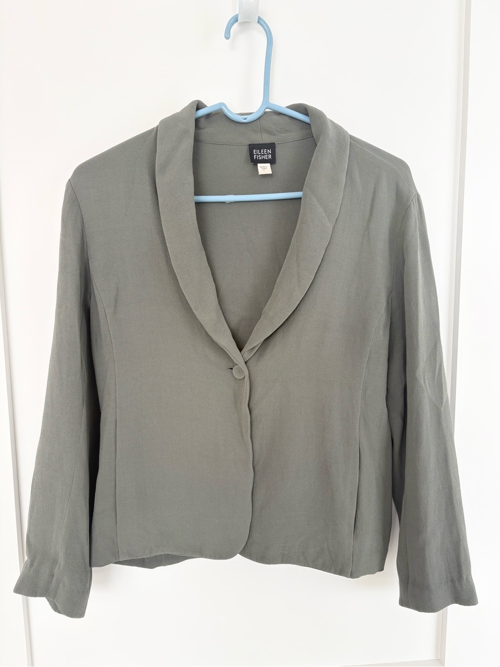 Eileen Fisher Silk Blazer Jacket Gray Olive Shawl Collar Stretch 1 Button - Sm